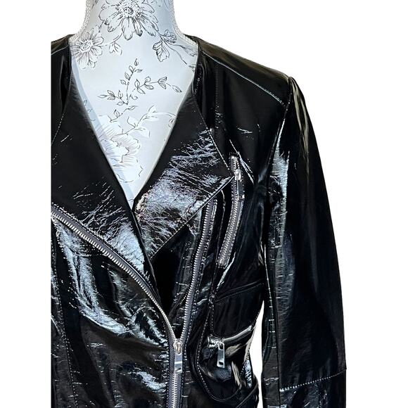NWOT LA Coalition Black Vegan Patent Leather Motorcycle Jacket LARGE - Picture 3 of 11